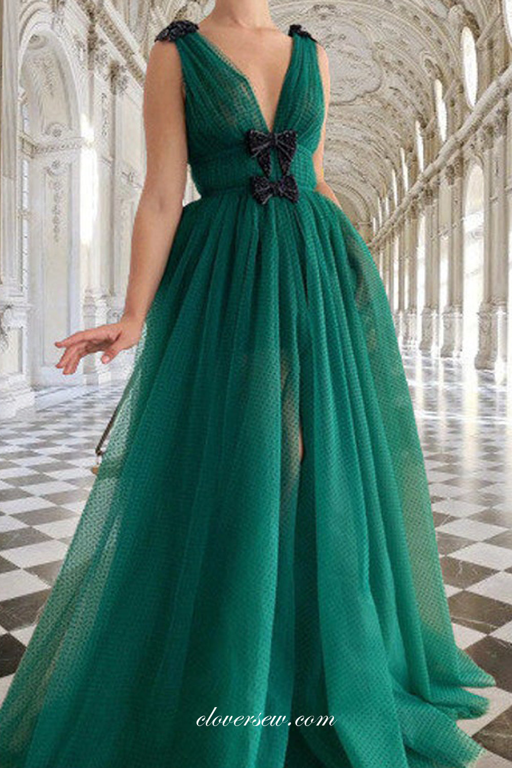 Dark Green Polka Dot Tulle Beanding Bowknot Applique Prom Dresses, CP0989