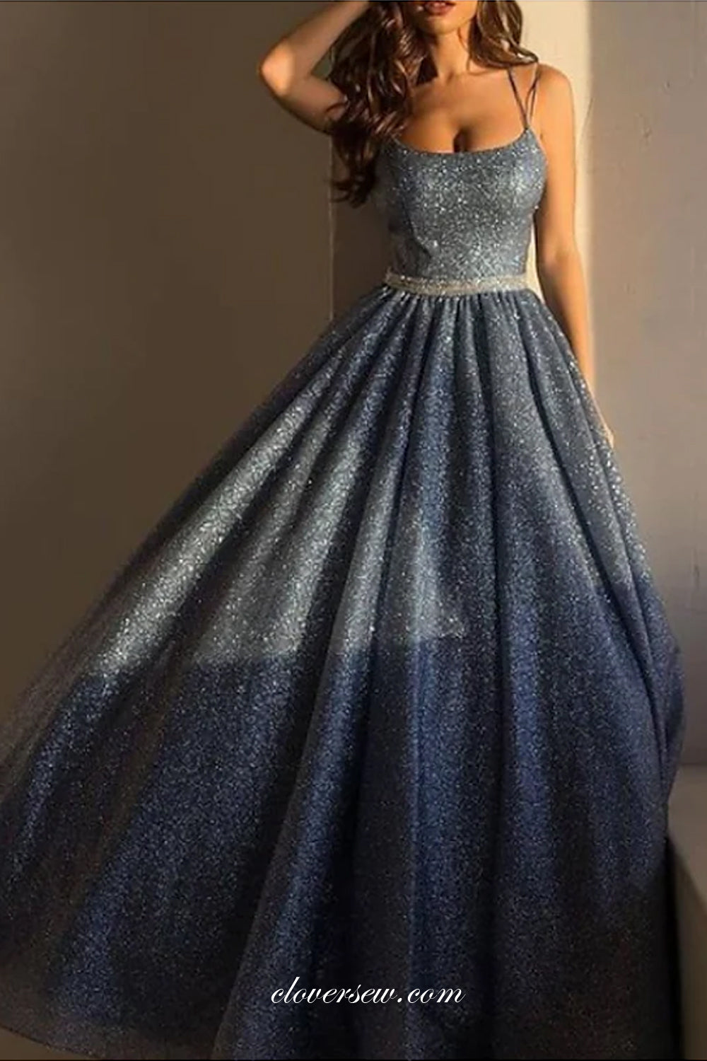 Dark Grey Shiny Sequined Satin Spaghetti Strap Charming Prom Dresses, CP0719