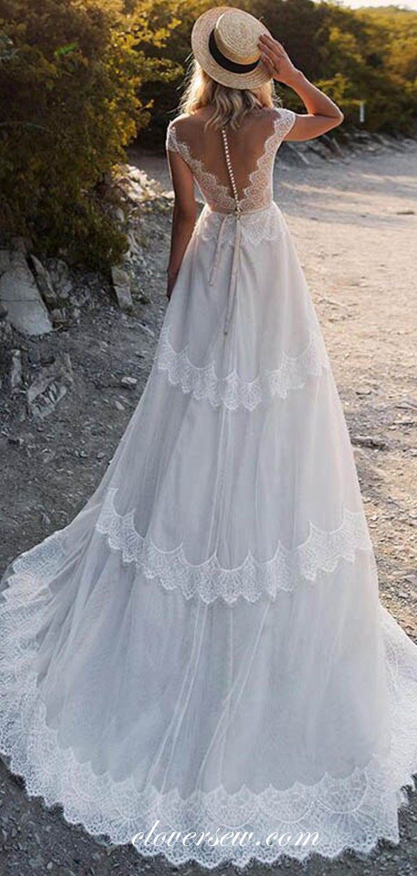 Dark Ivory Lace Tulle Off The Shoulder A-line Boho Wedding Dresses,CW0112
