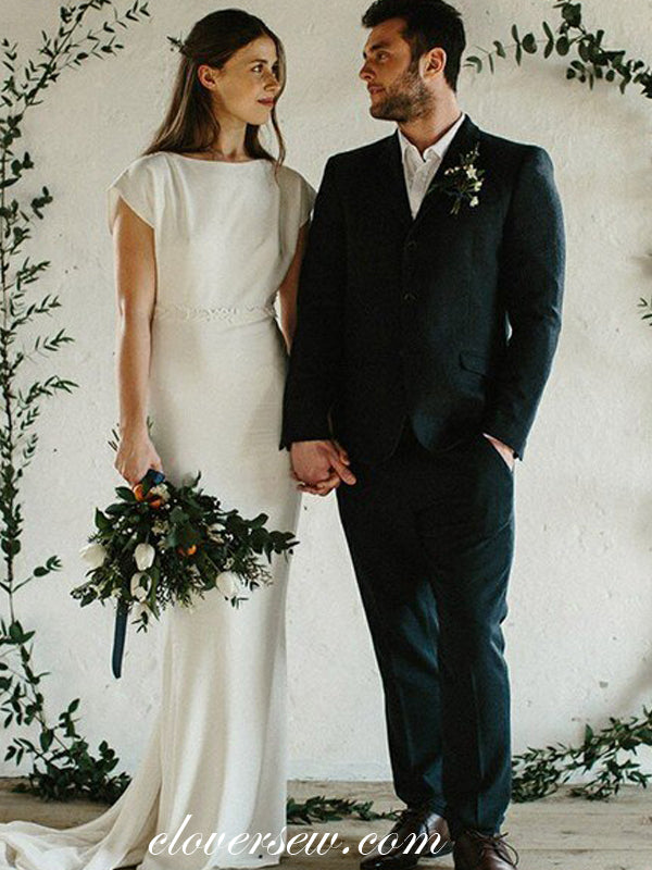 Dark Ivory Satin Applique Short Sleeves Column Wedding Dresses,CW0122