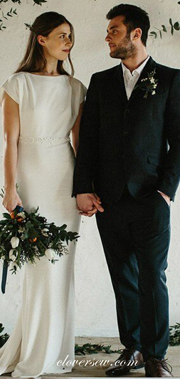 Dark Ivory Satin Applique Short Sleeves Column Wedding Dresses,CW0122