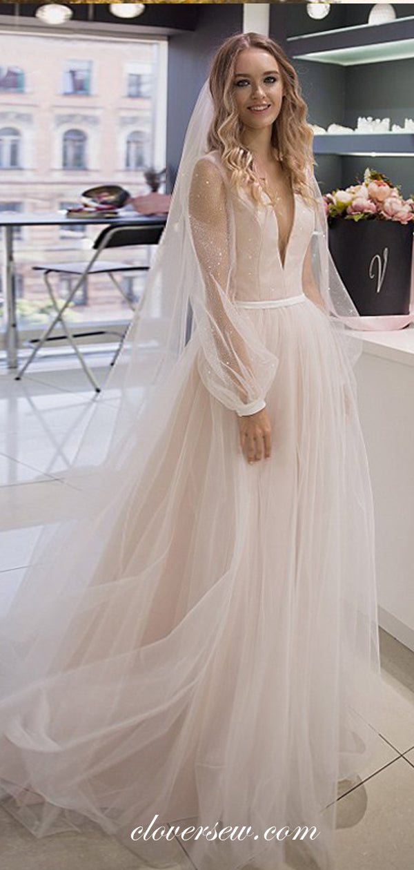 Dark Ivroy Tulle Long Puffy Sleeves A-line Wedding Dresses,CW0113