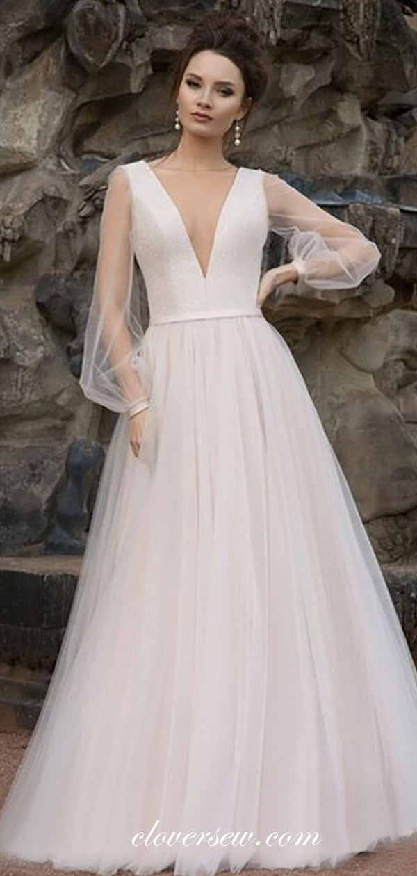 Dark Ivroy Tulle Long Puffy Sleeves A-line Wedding Dresses,CW0113