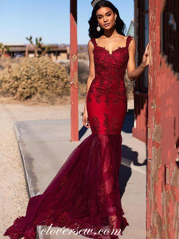 Dark Red Lace Bead Applique Sleeveless Mermaid Prom Dresses, CP0494