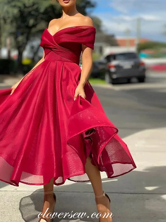 Dark Red Organza Off The Shoulder Elegant Tea Length Prom Dresses, CP0721