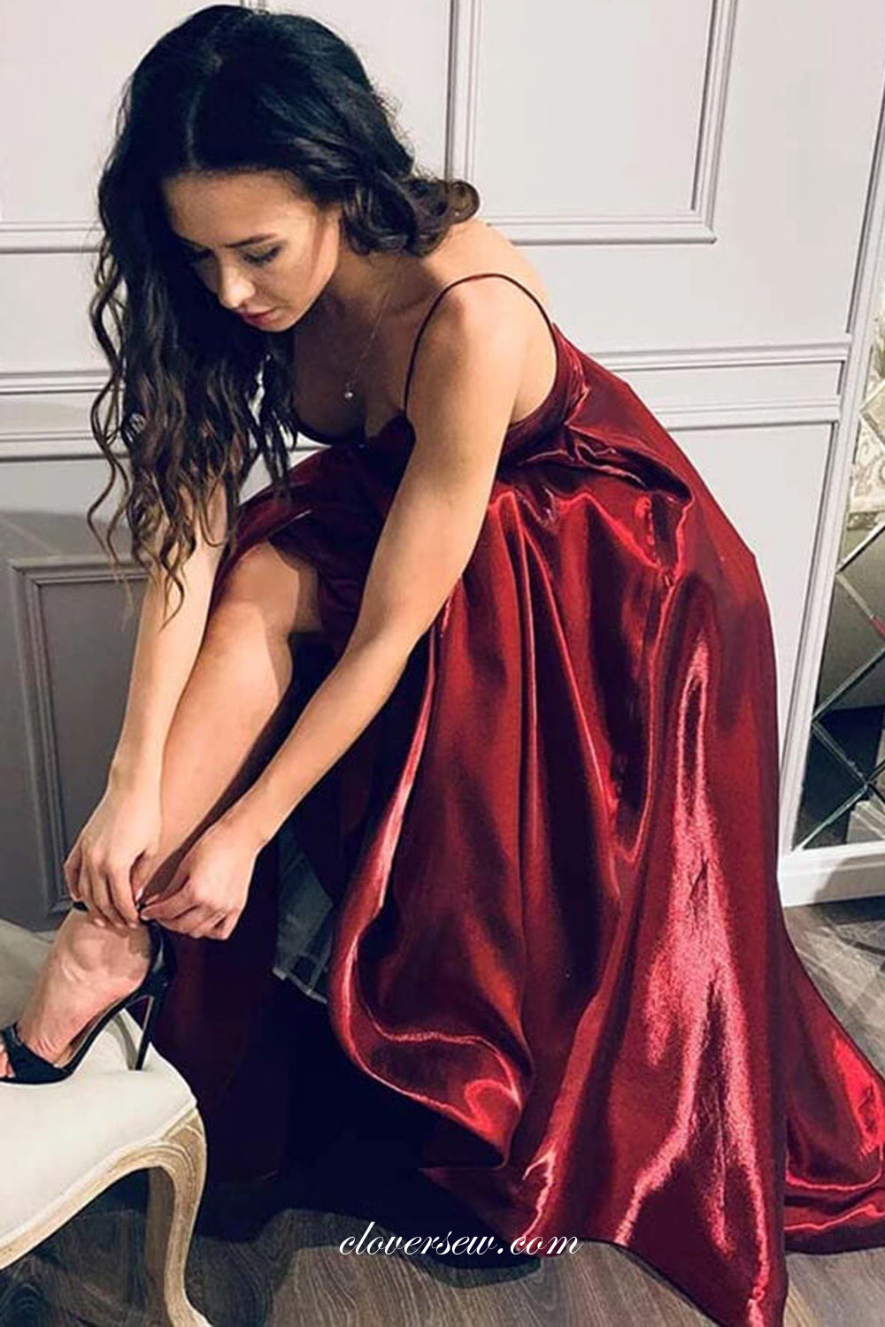 Dark Red Shiny Satin Spaghetti Strap A-line Prom Dresses, CP0820
