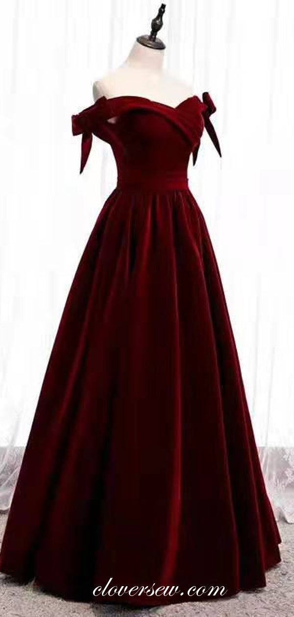 Dark Burgundy Velvet Off The Shoulder A-line Prom Dresses,CP0164