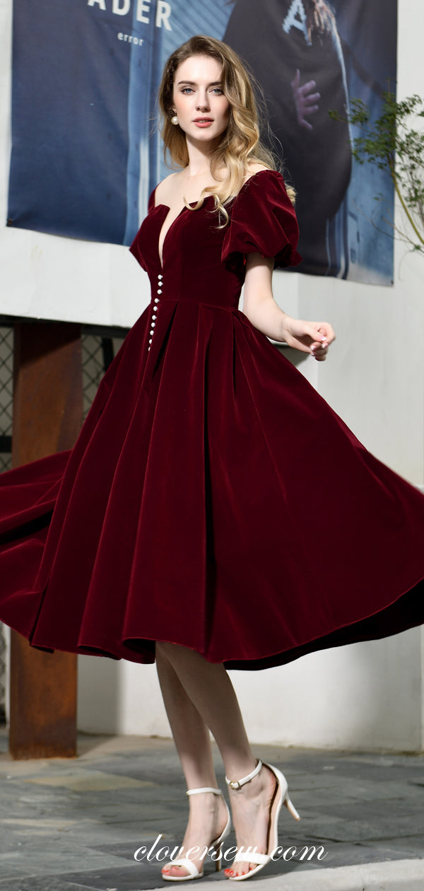 Dark Burgundy Velvet Off The Shoulder Homecoming Dresses, CH0002