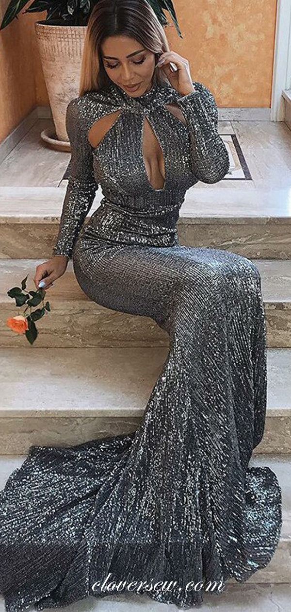 Dark Greay Sequin Long Sleeves High Neck Mermaid Sparkly Formal Dresses, CP0022