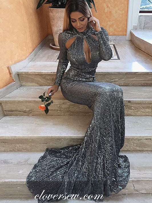 Dark Greay Sequin Long Sleeves High Neck Mermaid Sparkly Formal Dresses, CP0022