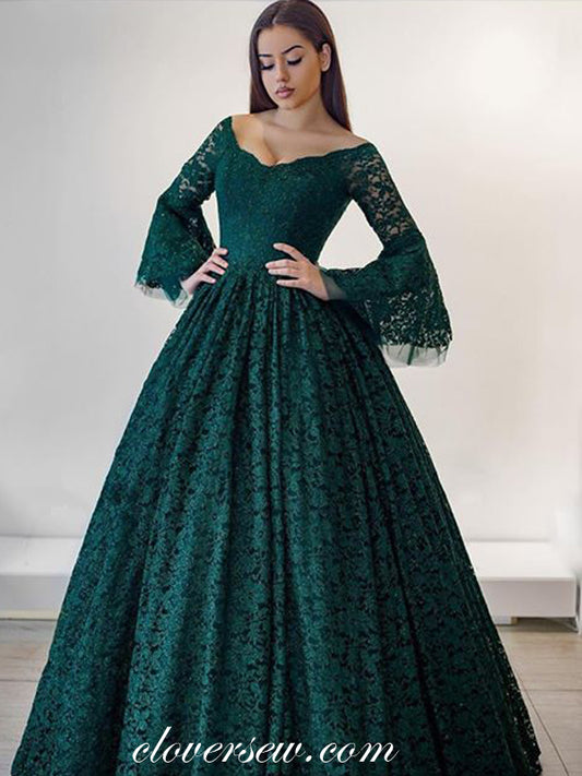 Dark Green Lace Long Sleeves V-neck A-line Prom Dresses, CP0025