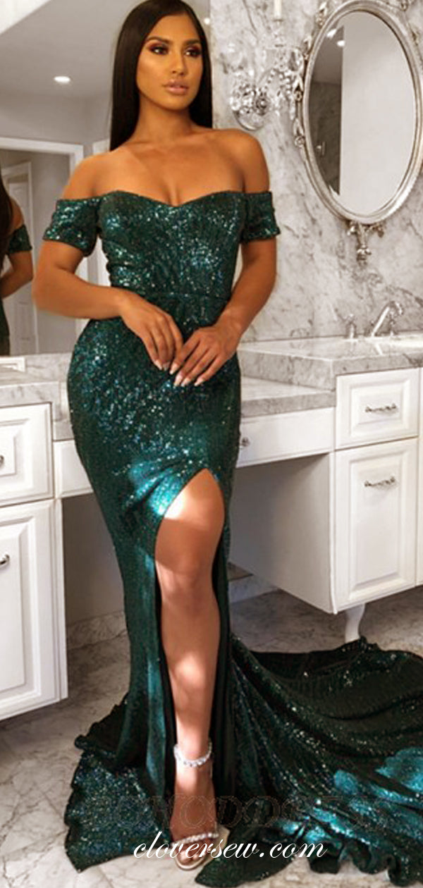 Dark Green Sequin Off The Shoulder Mermiad Sweep Train Prom Dresses,CP0387