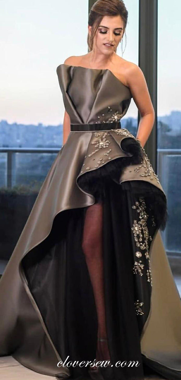 Dark Grey Satin Bead Applique Strapless Side Slit Fashion Dresses , CP0489