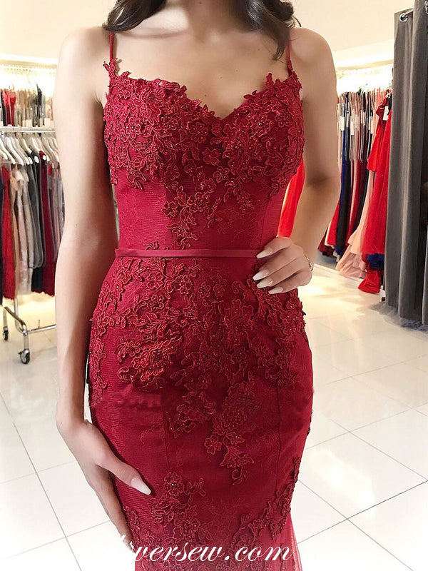 Dark Red Lace Applique Spaghetti Strap Mermaid Prom Dresses, CP0053