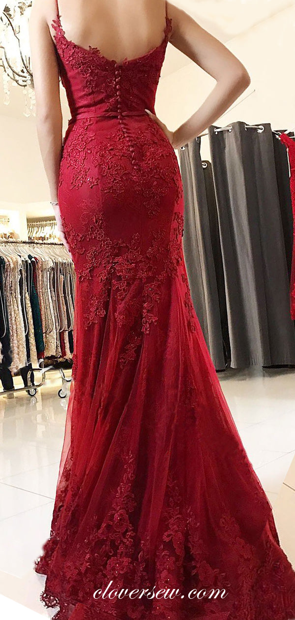 Dark Red Lace Applique Spaghetti Strap Mermaid Prom Dresses, CP0053