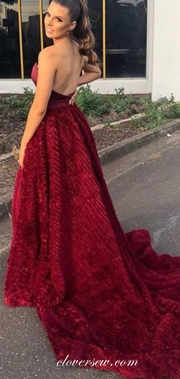 Dark Red Ruffles Strapless Side Slit A-line Prom Dresses,CP0399