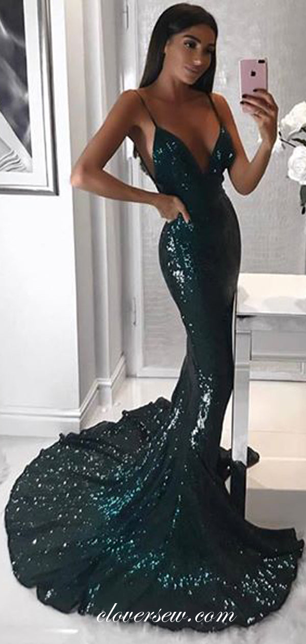 Deep Green Sequin Spaghetti Strap V-neck Mermaid Party Dresses, CP0013