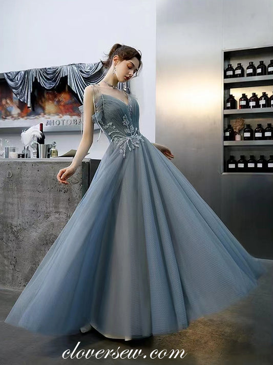 Dusty Blue Pleating Tulle Bead Applique Sleeveless A-line Prom Dresses, CP0976