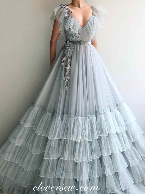 Dusty Blue Tulle 3D Applique Cap Sleeves Tiered A-line Prom Dresses, CP0521