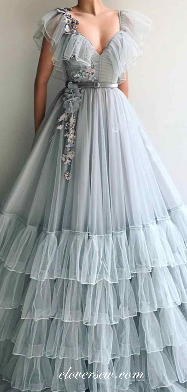 Dusty Blue Tulle 3D Applique Cap Sleeves Tiered A-line Prom Dresses, CP0521