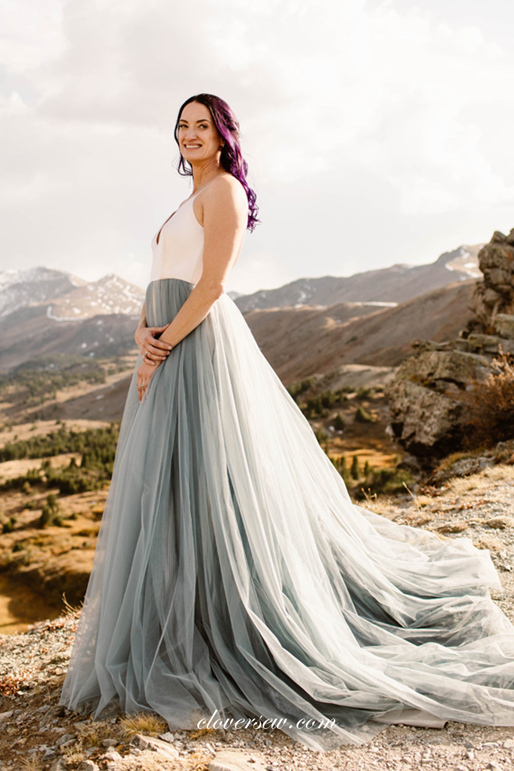 Dusty Blue Tulle White Top Sleeveless Boho Beach Wedding Dresses, CW0252