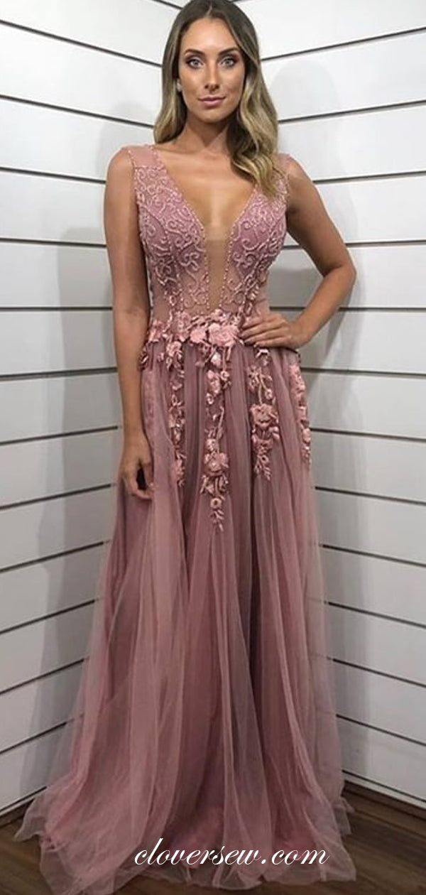 Dusty Pink Bead 3D Applique A-line Formal Dresses, CP0613