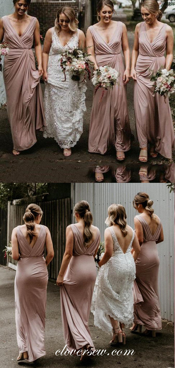 Dusty Pink Elastic Satin V-neck Sheath Long Bridesmaid Dresses ,CB0157