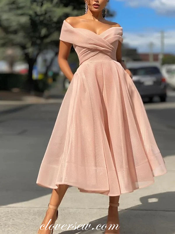 Dusty Pink Organza Off The Shoulder Elegant Tea Length Homecoming Dresses, CP0723