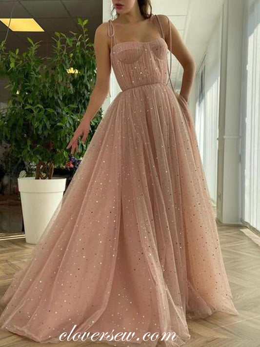 Dusty Pink Pleating Sequined Tulle A-line Long Prom Dresses, CP0760