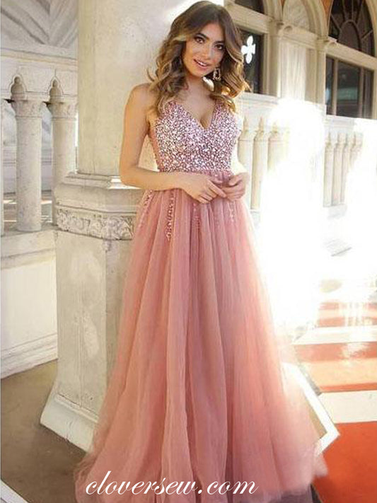 Dusty Pink Rhinestone Tulle V-neck Prom Dresses, CP0622