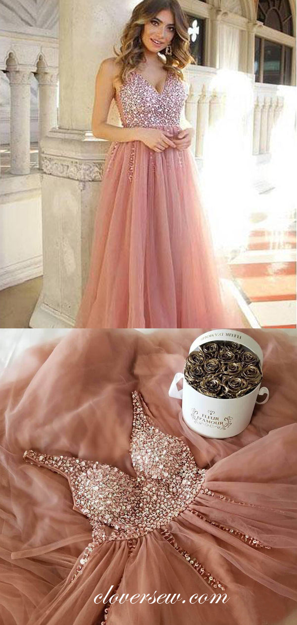 Dusty Pink Rhinestone Tulle V-neck Prom Dresses, CP0622