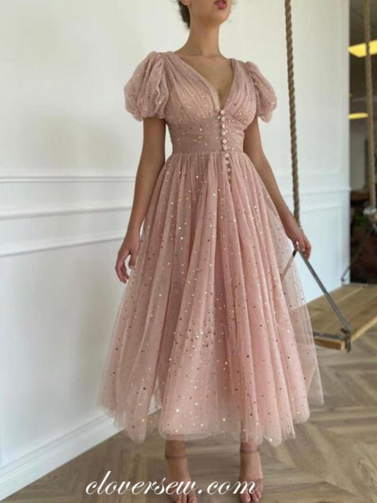 Dusty Pink Sequined Tulle Short Sleeves Fashion Tea-length Prom Dresses, CP0786