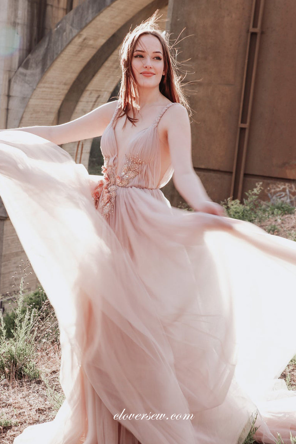 Dusty Pink Tulle Beaded Applique Boho Wedding Dresses, CW0269