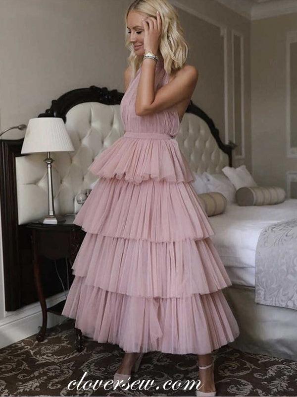 Dusty Pink Tulle Tiered Halter Ankle Length A-line Prom Dresses, CP0501