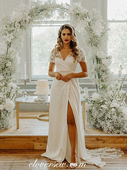 Elegant Lace Chiffon Short Sleeves V-neck Column Slit Wedding Dresses, CW0295