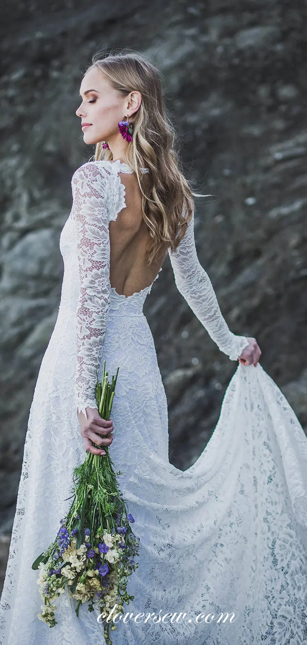 Elegant Lace Long Sleeves Open Back Wedding Dresses,CW0213