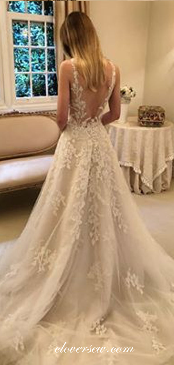 Elegant Lace V-neck Sleeveless A-line Wedding Dresses,CW0169