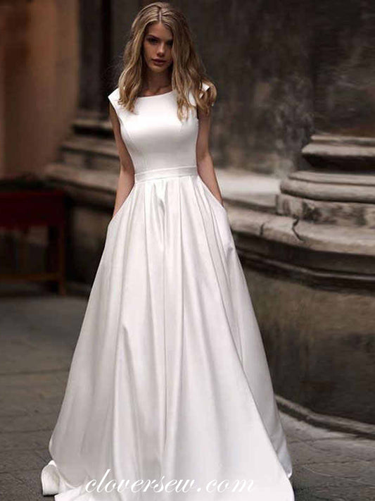 Elegant Satin Cap Sleeves Round Neckline A-line Wedding Dresses,CW0109
