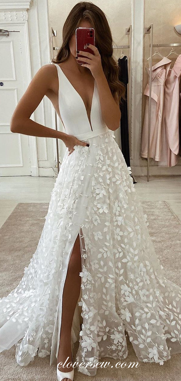 Fashin 3D Lace Sleeveless A-line Side Slit Wedding Dresses, CW0182