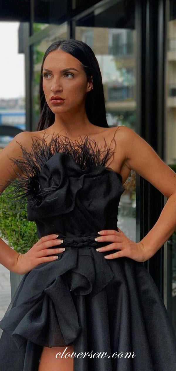 Fashion Feather Ruffles Strapless A-line Black Prom Dresses, CP0646