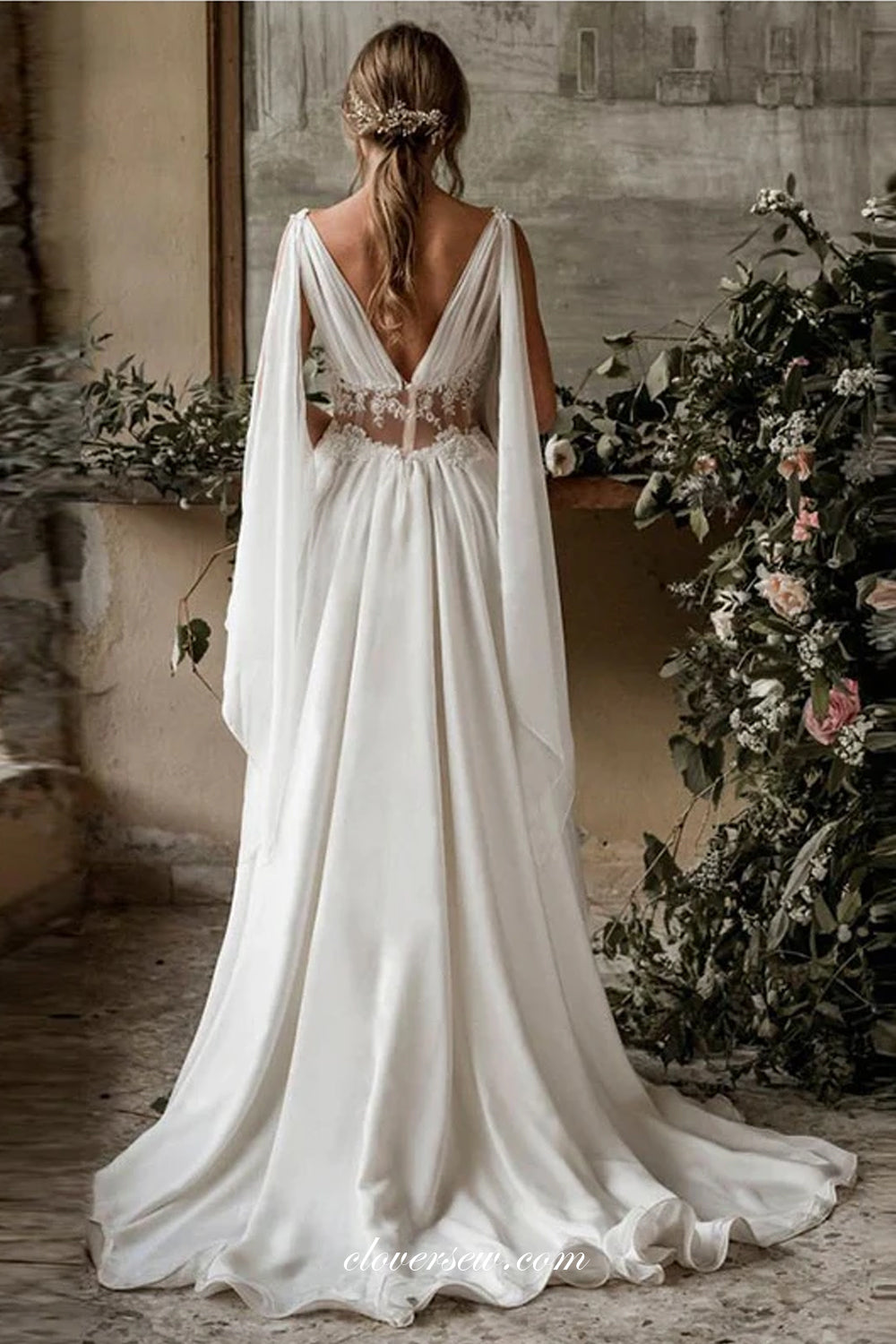 Fashion Goddess Style Chiffon Lace V-neck A-Line Wedding Dresses, CW0247