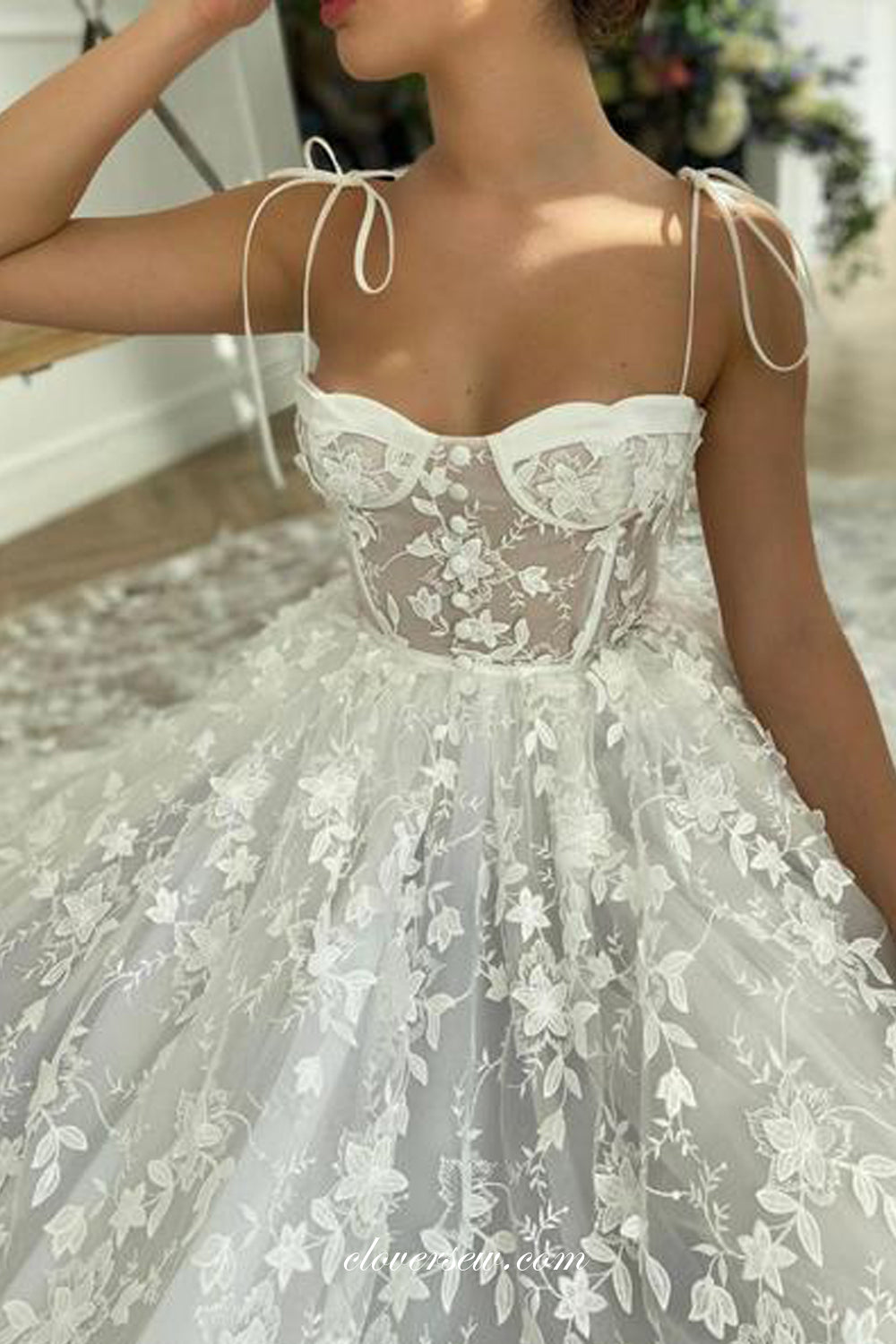Fashion Lace Illusion Spaghetti Strap French Wedding Dresses, CW0284