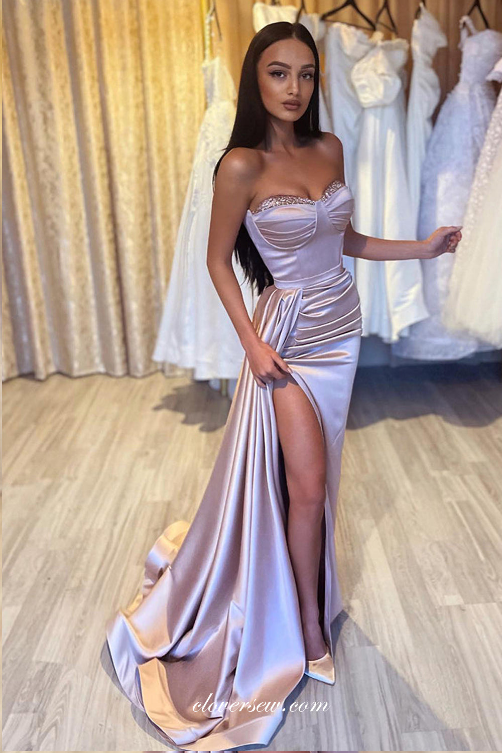 Fashion Popular Strapless Pleating Elastic Satin Sheath With High Slit Prom Dresses, CP0929