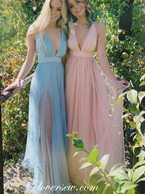 Fashion Tulle V-neck Sleeveless High Slit Prom Dresses, CP0597