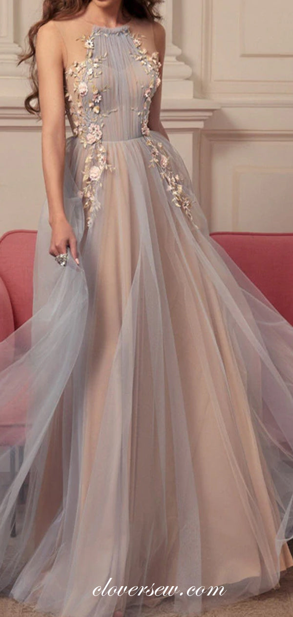 Fashion Applique Dusty Blue Blush Pink A-line Prom Dresses,CP0416