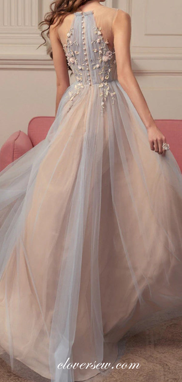 Fashion Applique Dusty Blue Blush Pink A-line Prom Dresses,CP0416