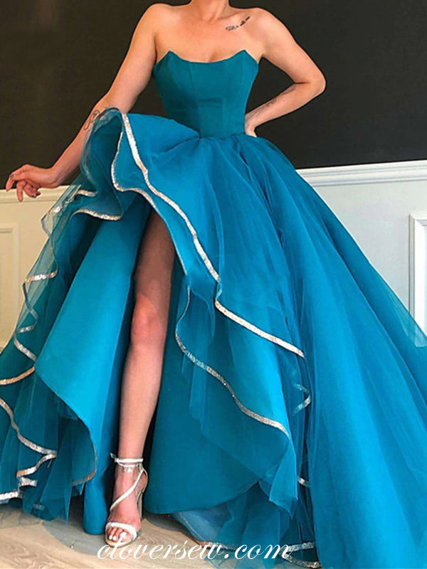 Fashion Blue Tulle Ruffles Slit Strapless Ball Gown Prom Dresses,CP0426