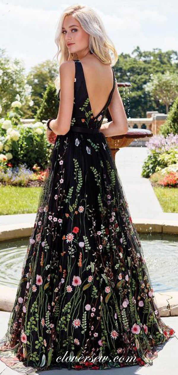 Fashion Embroidery Black Tulle Sleeveless A-line Prom Dresses , CP0118