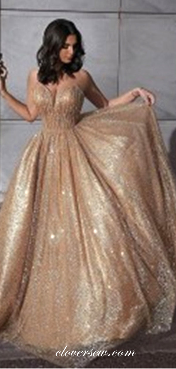 Fashion Gold Sequin Tulle Spaghetti Strap Backless Prom Dresses,CP0133