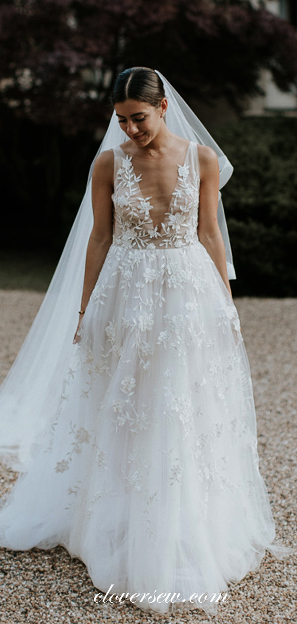 Fashion Lace Applique Tulle V-neck A-line Wedding Dresses, CW0050